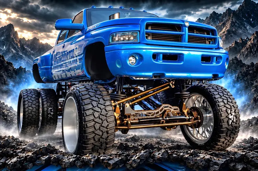 A lifted pickup truck on oversized off-road tires at the Eddie Cochran Rod & Custom Festival Lifted Truck Showdown